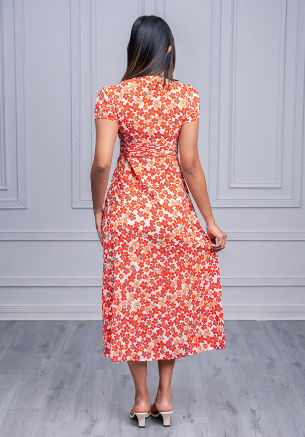 V CUT FLORAL MIDI DRESS